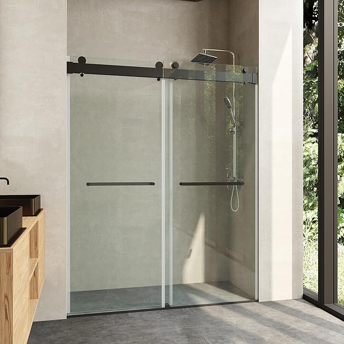 Frameless Soft Close Shower Door, 46"-48 "W, 76 "H, 3/8" (10mm) Clear Tempered Glass, Double Sliding Doors, Matte Black Finish.