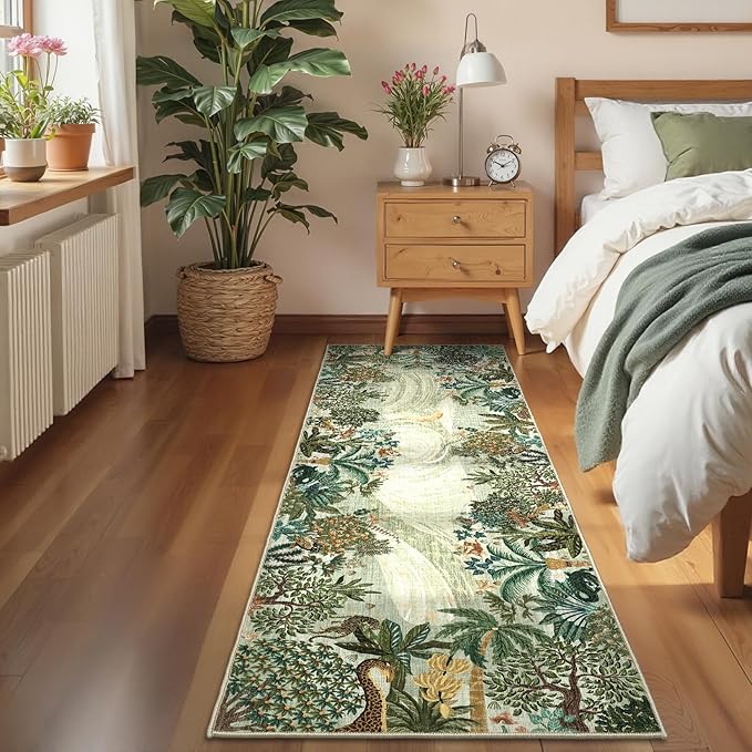 GarveeHome 2x6 Jungle Washable Runner Rug for Kitchen, Soft Animal Print Hallway Runner Non Slip Green Entryway Rug Farmhouse Laundry Mat Stain Resistant Carpet for Bedroom Bathroom