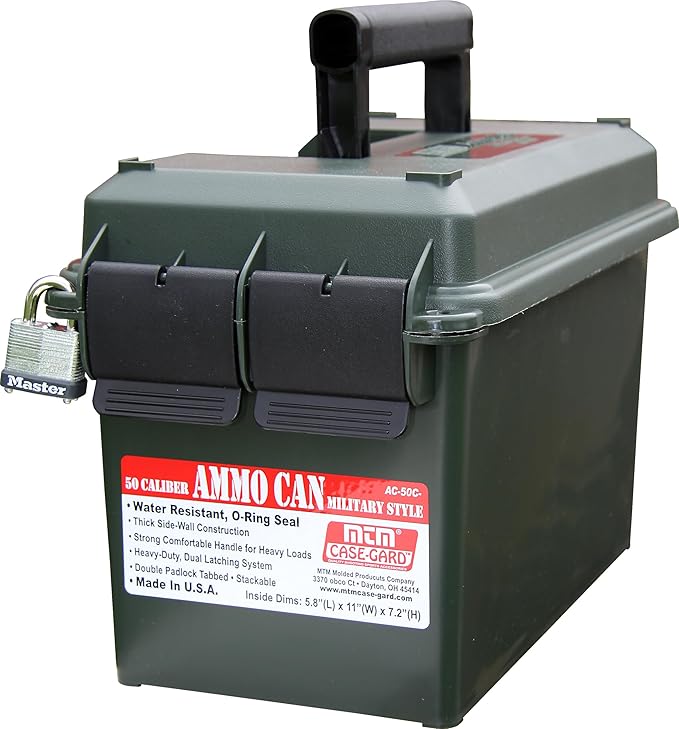 MTM AC50C Ammo Can, 50 Caliber, Field Boxes, Lockable Storage Box with Handle, Water and Dust Resistant, Secures Hunting Gear, Supplies, and Bullets, Stackable, USA Made