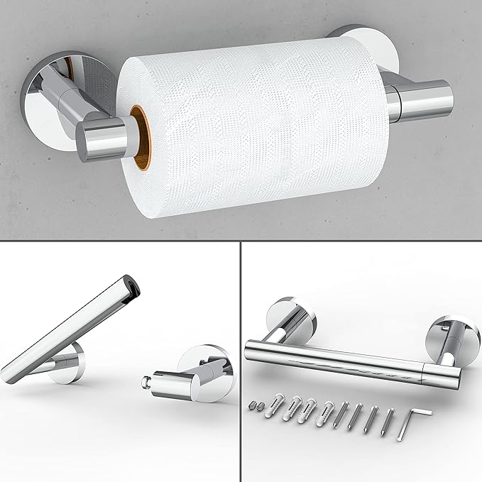 Polished Finish Toilet Paper Holder & Towel Ring SUS304 Stainless Steel 2pc Bathroom Hardware Set with Double Post Pivoting Toilet Paper Roll Holder Wall Mount & Bathroom Towel Holder Set