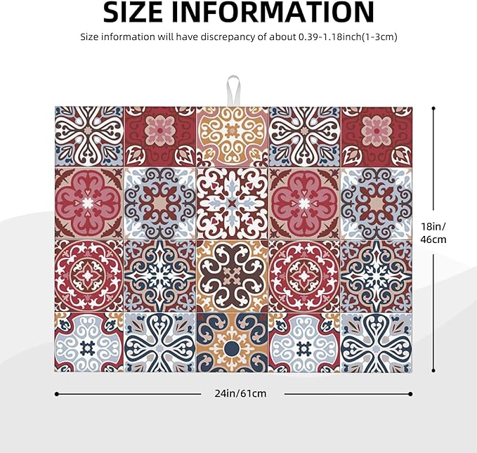 Retro Bohemian Dish Drying Mat 18x24 inches Microfiber Absorbent Fast Dry Mat for Kitchen Counter Coffee Bar Artistic Boho Grid Large Drying Mat Kitchen Decor Gifts (Boho, 18x24 inches)