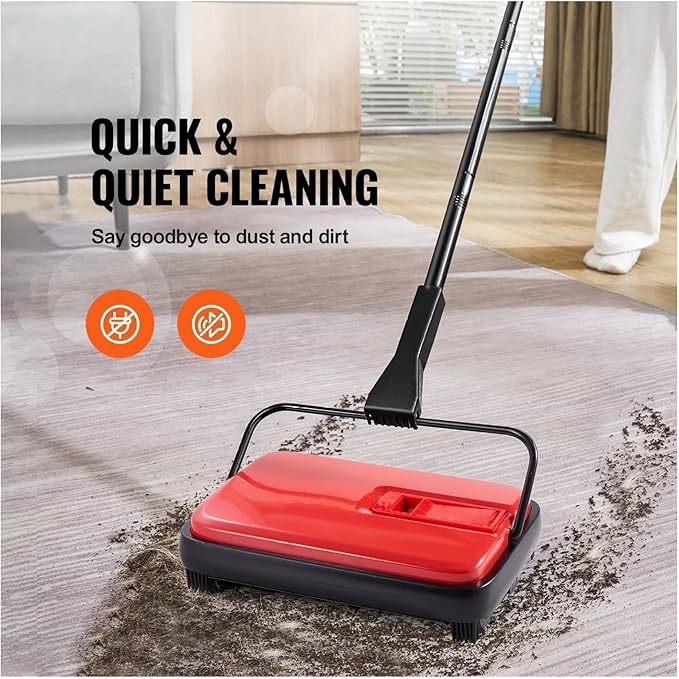 Carpet Sweeper Manual - 6.7 Inch Sweeping, Non-Electric Floor Sweeper for Hardwood, Rugs, Laminate - 300ml Dustbin, Comb Included