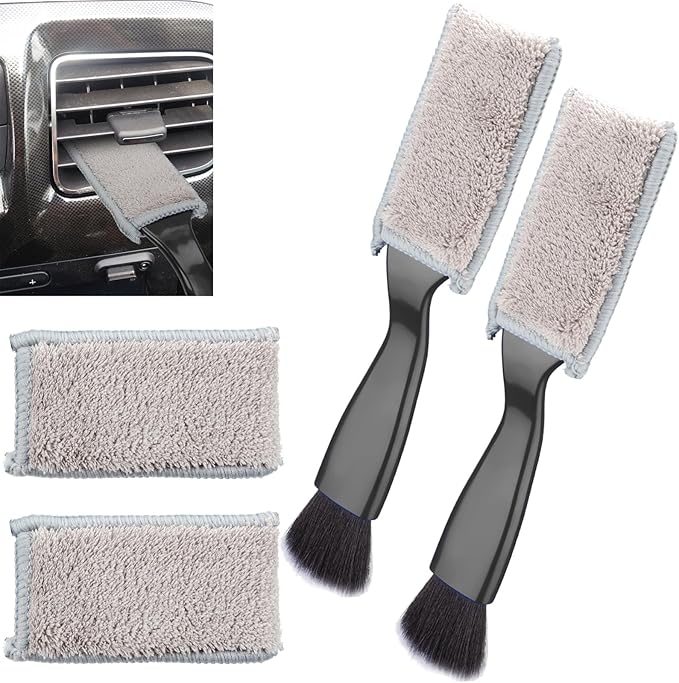 2PCS Double Head Brush for Car Clean, Universal 2 in 1 Car Detailing Brush, Double Ended Portable Dust Brush with 4 Cleaning Cloth, for Air Conditioner Outlets, Dashboard Screen (Black)