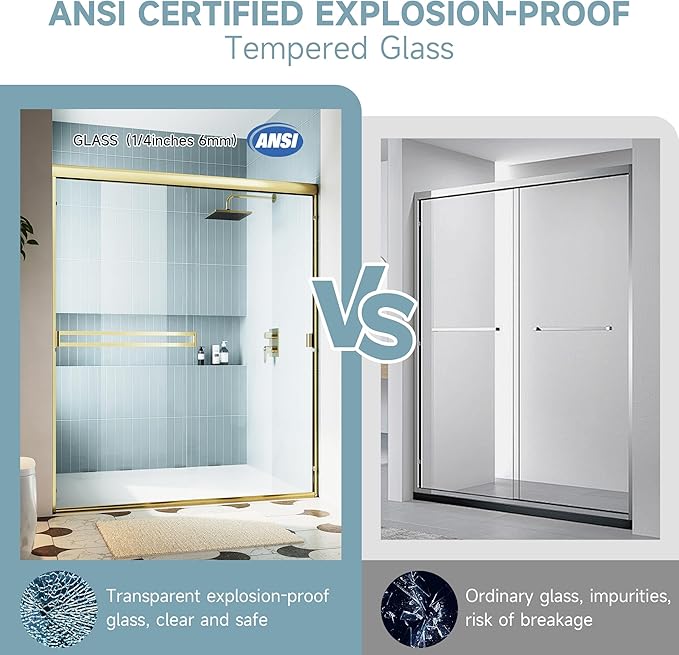 Shower Door 44-48 in. W x 72 in. H, UCALAFEE Semi-Frameless Double Sliding Shower Door with 1/4" (6mm) SGCC Clear Tempered Glass, Silent Soft-Close & Anti-Leak Walk-in Shower Door, Brushed Gold