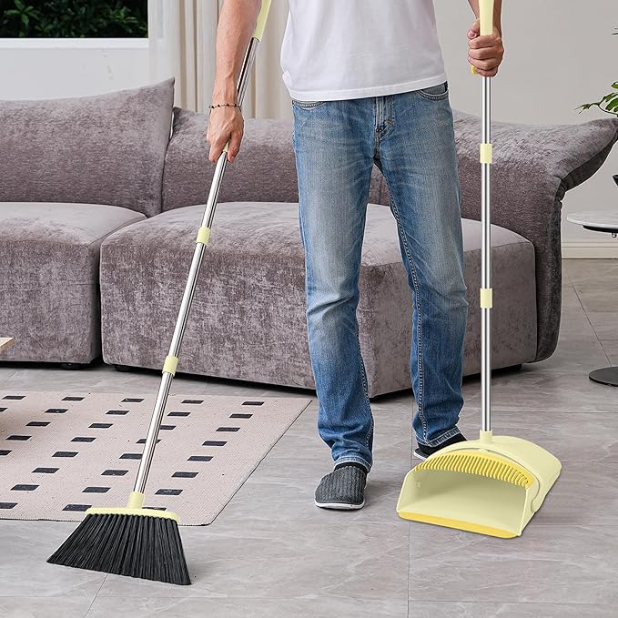 Broom with Dustpan Combo Set, 54-in Adjustable Handles Broom and Dustpan Set with Comb Teeth Easy to Scrape Off Pet Hair, Indoor&Outdoor Sweeping