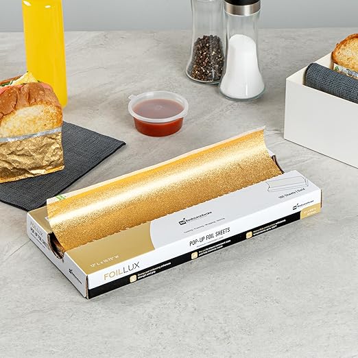 Restaurantware-Foil Lux 12 x 10.8 Inch Pop-Up Sheets, 2000 Disposable Papers For Food - Orange Peel Embossing, Interfolded, Gold Aluminum Foil Sheets, Greaseproof, Freezable, Oven Ready