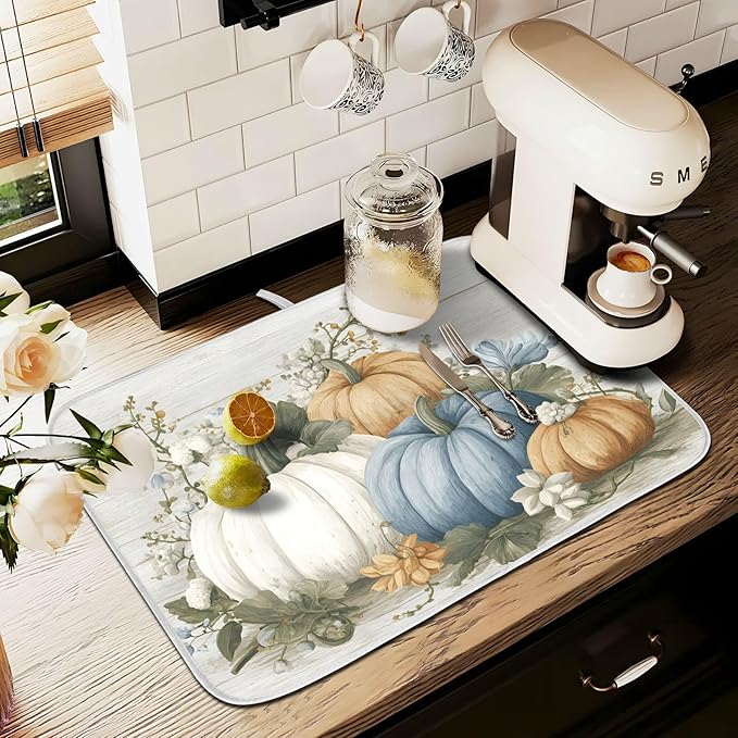 Fall Blue Orange Grey Pumpkin Thanksgiving Dish Drying Mat for Kitchen Counter Absorbent Microfiber Small Drying Pad Dish mats for Kitchen Countertops 16 x 18 Inch