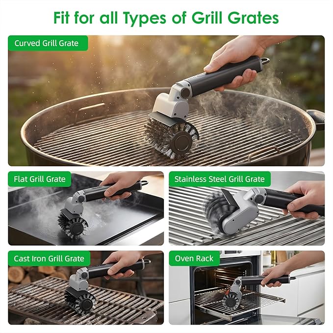 Electric Grill Brush for Outdoor Grill: 3-Speed Power Control BBQ Grill Brush, Cordless BBQ Grill Cleaning Brush with 90° Adjustable, 90 Mins Runtime,for Burnt-On Grease & Grill Grates