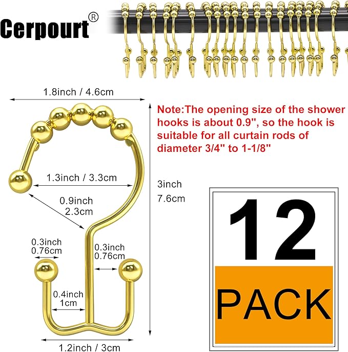Shower Curtain Hooks, 12 Pcs Rustproof Metal Shower Curtain Rings,Free Sliding Double Shower Hooks for Shower Curtain & Liners, Shower Curtain Hangers for Bathroom Shower Curtain Rods Curtains (Gold)