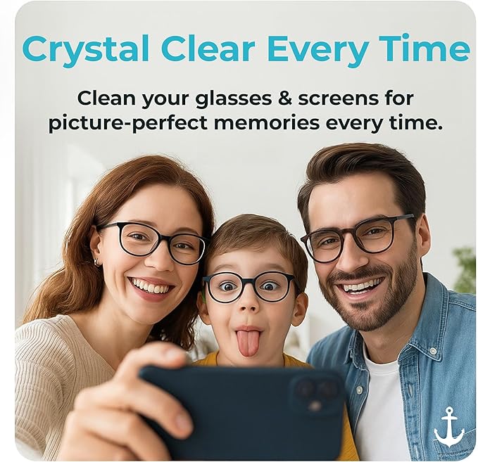Anchor Glasses Cleaning Cloth - Ultra Soft Premium Microfiber Lens Cloths for Eyeglasses, Camera, Cell Phone, Screens - Anti-Streak, No Scratch Eye Glasses Cleaner Wipes - 3 Pack (2 Black, 1 Blue)