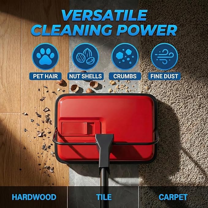 Manual Carpet Sweeper, Electric-Free Quiet Floor Sweeper with 300ml Easy-Empty Dustbin, 6.7” Cleaning Width for Pet Hair, Crumbs, Dust on Carpets, Hardwood, Tile - Home & Office Use (Red)