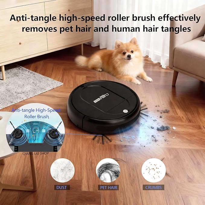 Robot Vacuum Cleaner, 3000Pa Powerful Suction, 2.56-inch Ultra-Slim Body, 120-Minute Long Battery Life, Quiet Operation, Smart Navigation, Suitable for Hard Floors/Low-Pile Carpets/Pet Hair-Black.