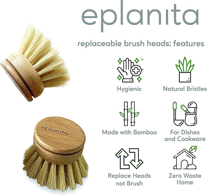 eplanita Replacement Brush Heads (Pack of 8) for Bamboo Dish Brush, Sisal Bristle Refills, Agave Cactus Fibres, Kitchen Eco Scrubber, Plastic Free Washing Up, Zero Waste Cleaning