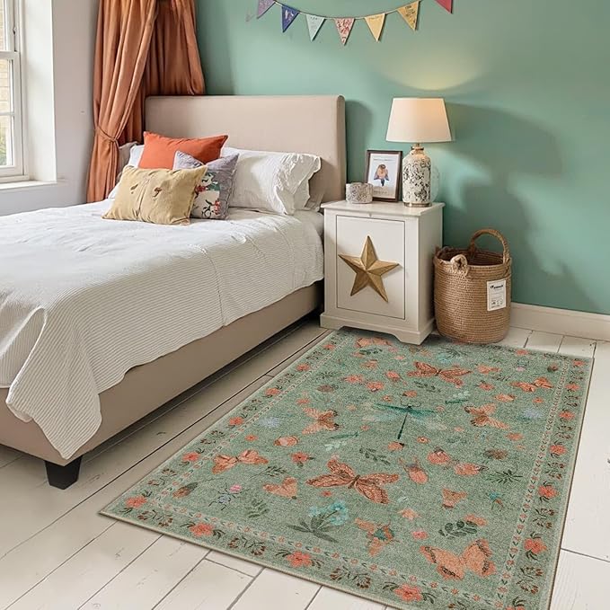 3x5 Rug for Entryway Bedroom, Green 3x5 Washable Area Rug, Floral Vintage Retro Boho Throw Rug, Non Slip & Low Pile Small Carpet for Indoor Kitchen, Bedside, Living Room, Bathroom and Dining