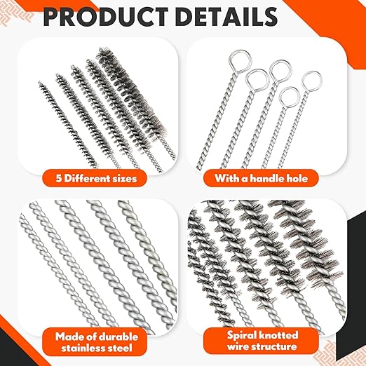 10 Pcs Wire Tube Brushes Bulk for Cleaning Pipe Tube Brass Stainless Steel Round Wire Brush for Auto Parts Christmas, Bottles, Tubes, 5 Sizes (Silver)