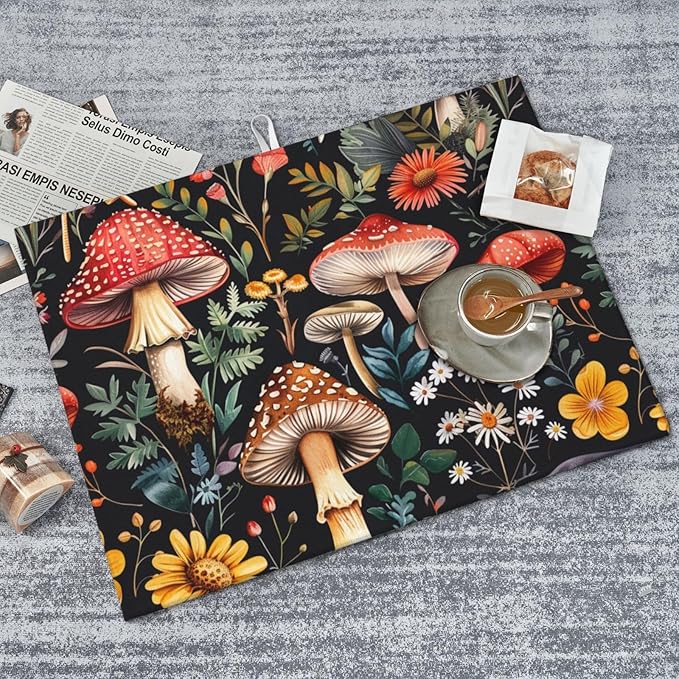 Forest Floral Mushroom Dish Drying Mat For Kitchen Counter Absorbent Large Kitchen Fast Dry Pad Reusable Washable Protector Rack Large Mat 18 X 24