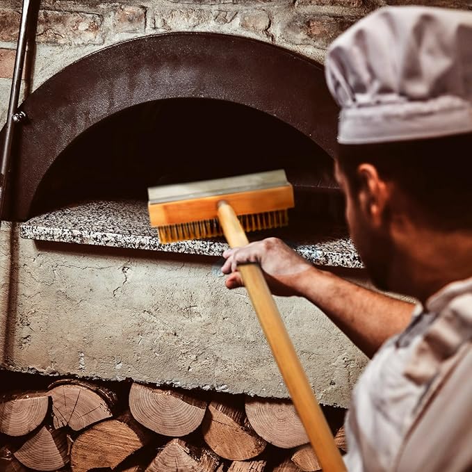 2 Pack 37 Inch Wood Handle Pizza Oven Brush with Scraper Outdoor Pizza Oven Cleaning Brush Tool, Aluminum Threaded Tip, Brass Bristles with Steel Scraper