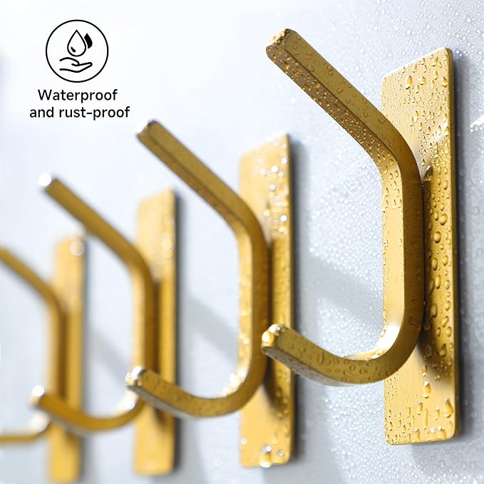 Taozun Adhesive Hooks - Brushed Gold Towel Hooks, Stainless Steel Stick on Wall Hooks Holder for Hanging Robe Sponges in Bathroom and Bedroom