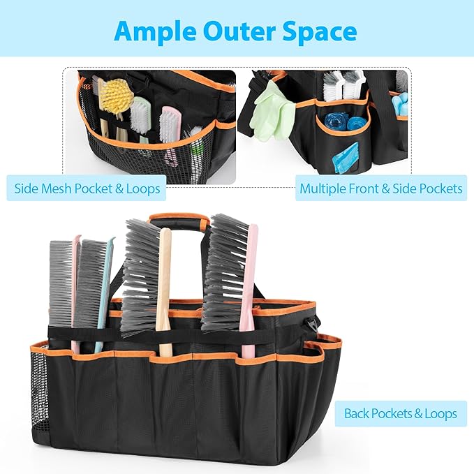 Extra-large Wearable Cleaning Caddy, Organizer Bag for Housekeeper with Pad, Handle & Divider, Car Wash Tools Bag for Detailing Supplies, Orange Edge