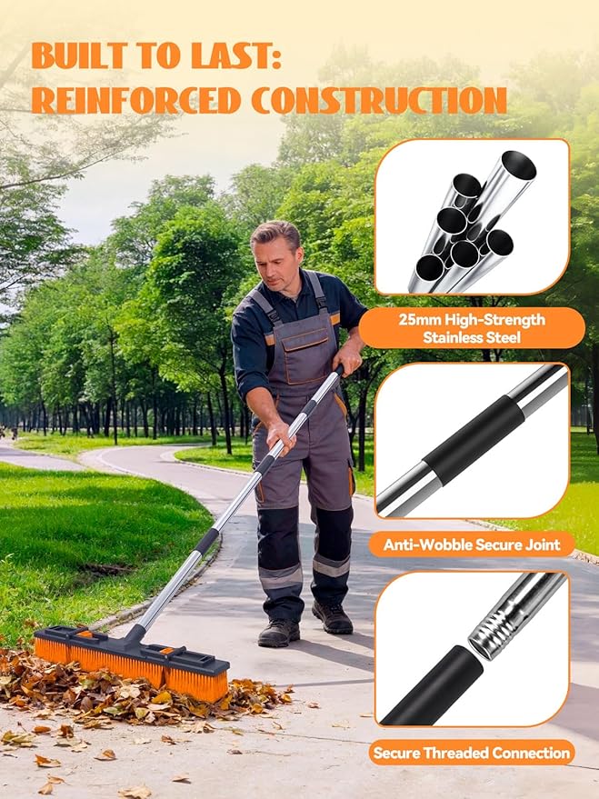 18.5"/47cm Adjustable Head Push Broom for Outdoor 57"/145cm Thickened Stainless Steel Handle Ergonomic Shop Broom Stiff Bristle Heavy Duty Industrial Concrete Garage Patio Garden Yard Deck Driveway