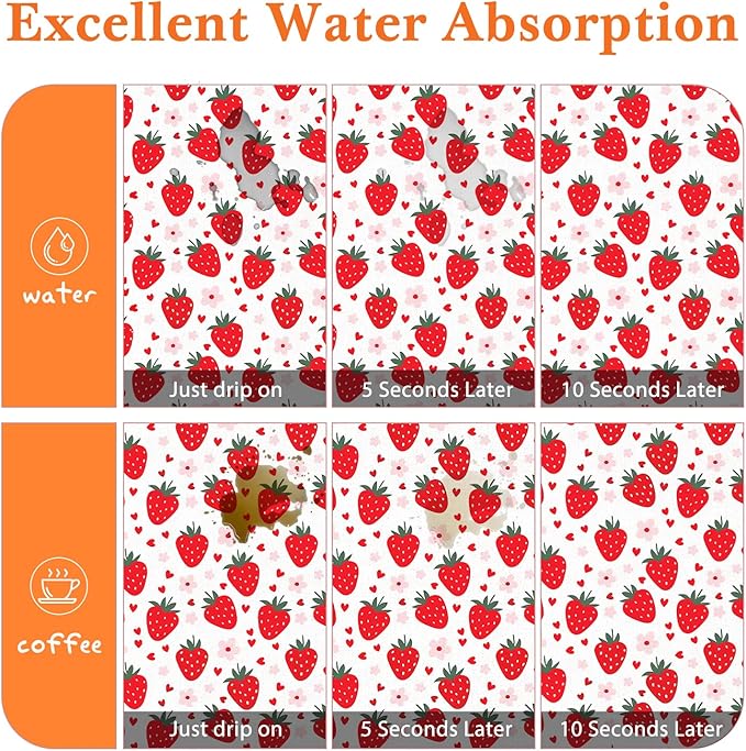 Strawberry Dish Drying Mat - Summer Strawberry Absorbent Dish Drying Mat for Kitchen Counter, Coffee Maker Mat for Countertops, Dish Rack Drainer Mat, Strawberry Kitchen Decor 16x17.5 Inch