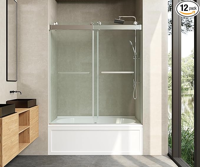 Frameless Soft-Close Bathtub Shower Door, 56"-60 "W, 66 "H, 3/8" (10mm) Clear Tempered Glass, Double Sliding Doors, Brushed Nickel Finish