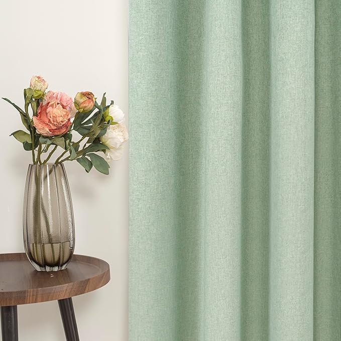 YoungsTex Light Green Linen 100% Blackout Curtains 68 Inch Length for Bedroom, Thermal Insulated Drapes with Grommet Energy Saving for Living Room Window, 2 Panels, 52 X 68 Inch