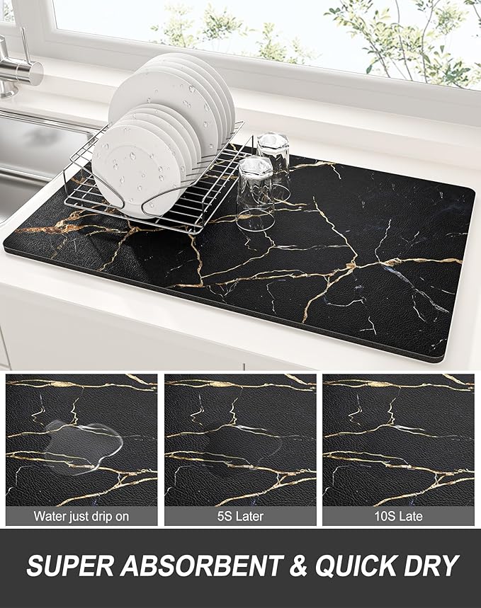 Rnivvi Dish Drying Mat for Kitchen Counter, 12 x 19" Cute Marble Super Absorbent Draining Pad, Non-Slip Heat Resistant Coffee Bar Mats for Coffee Machine Station Accessories, Black Gold Dish Rack Pad