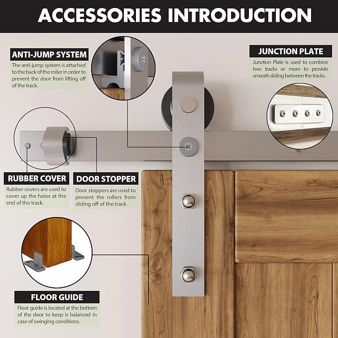 Homacer Brushed Nickel Non-Bypass Sliding Barn Door Hardware Kit, for One/Single Door, 11ft Long Flat Track, Classic Design Roller, Heavy Duty, for Interior Use Only（Doors Not Included）