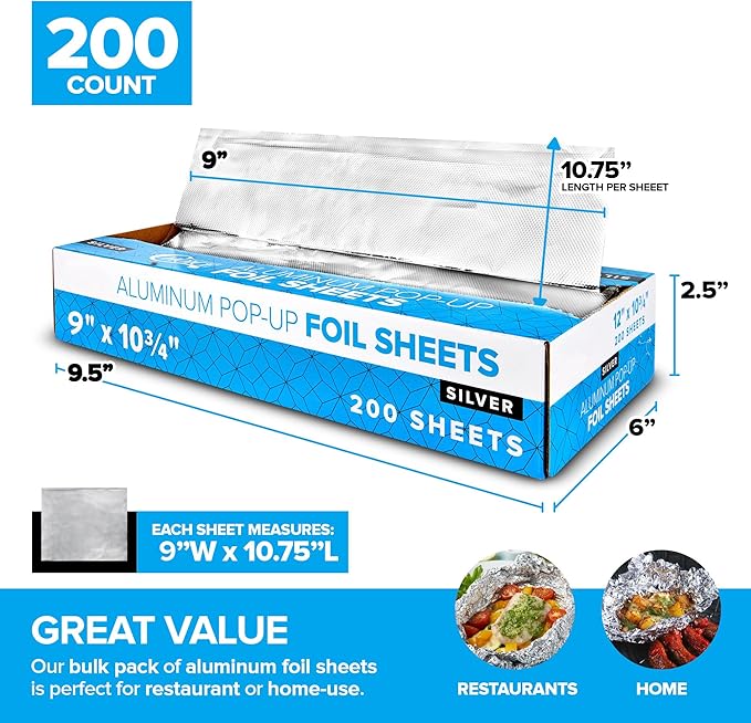 200 Count Pre-Cut Deli Aluminum Wraps – 12" Heavy-Duty Pop-Up, Disposable for Hot Dogs, Sandwiches & Food Service