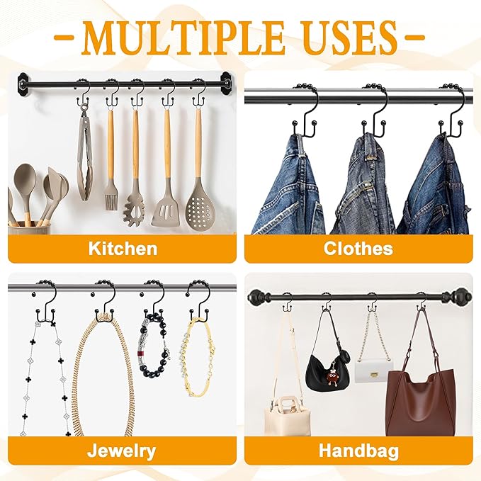 Shower Curtain Hooks, 12 Pcs Rustproof Metal Shower Curtain Rings,Free Sliding Double Shower Hooks for Shower Curtain & Liners, Shower Curtain Hangers for Bathroom Shower Curtain Rods Curtains (Black)