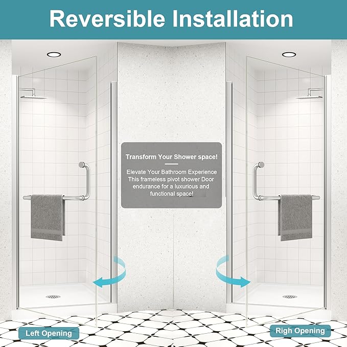 Frameless Pivot Shower Door 36"-38" Wx72 H,1/4"(6mm) Clear Nano Coated (SGCC) Tempered Glass,Reversible Swing Shower Door for Walk-in Shower,Modern Brushed Nickel Finish
