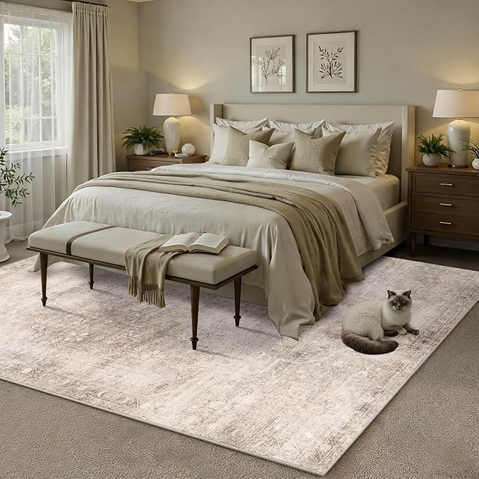 Vintage 8x10 Beige Brown Rug for Living Room, Washable Large Neutral Area Rugs for Bedroom, Dining Room, Kitchen, Distressed Low Pile Floor Carpets for Kids Nursery Classroom Farmhouse Office