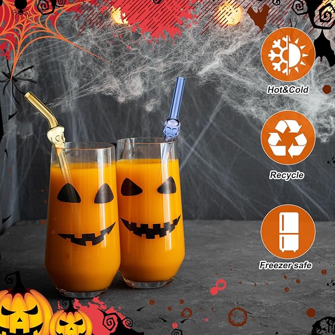 6 Pcs Skull Glass Straw Reusable Straws Shatter Resistant with 2 Cleaning Brushes Multicolor Clear High Borosilicate Glass Straws for Kids Adults Smoothies Juice (Skull, 8 Inch)