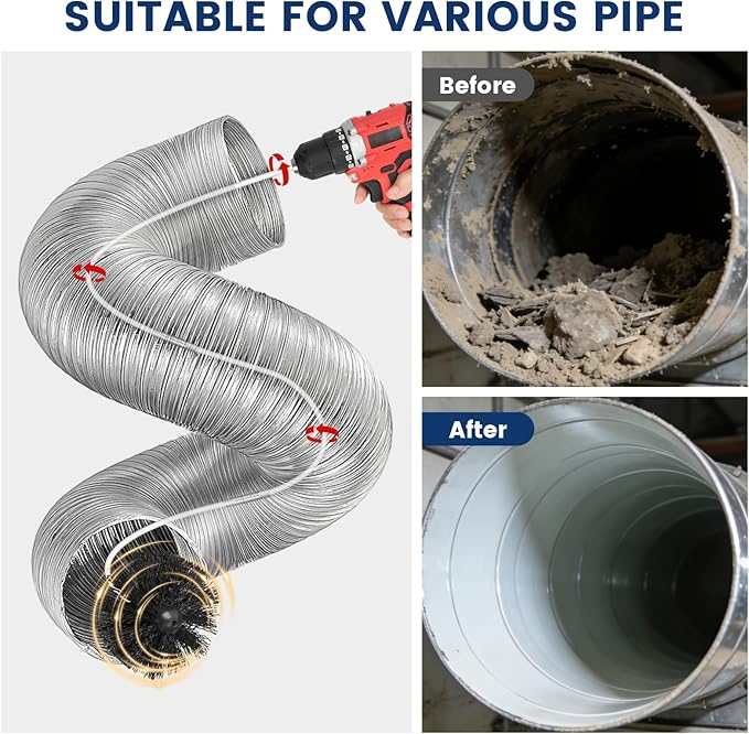 HOKLNUSE Dryer Vent Cleaner Kit Ducts Cleaning Kit for Dryer Air Duct HVAC Vent Fireplace Chimney Pellet Stove Gutter Downspout Dryer Vent Lint Removers with 1.5"&4" Brush Heads (15Feet)