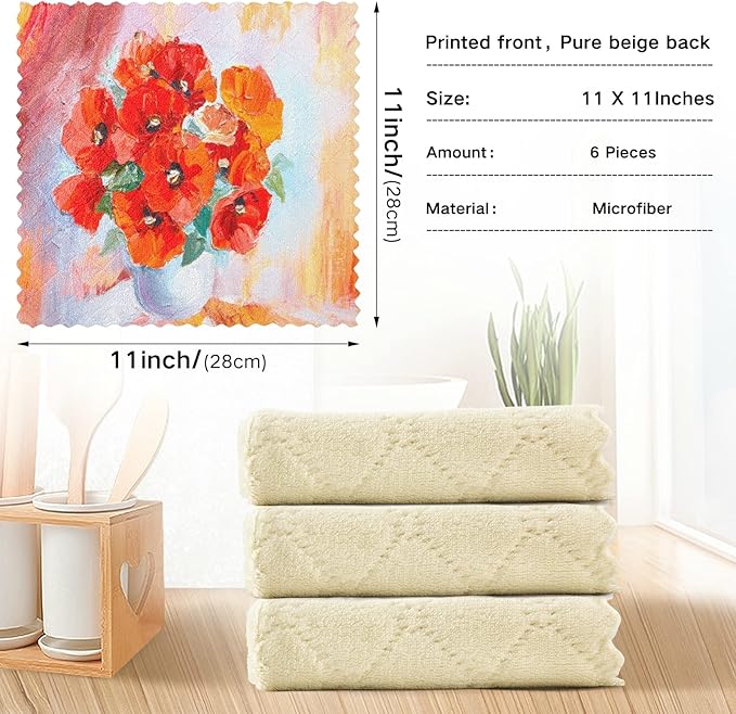 ALAZA Dish Towels - Poppies Flowers Dish Cloths, Super Absorbent, Lint Free, Soft Towel Kitchen Accessories Set of 6, 11"x11"