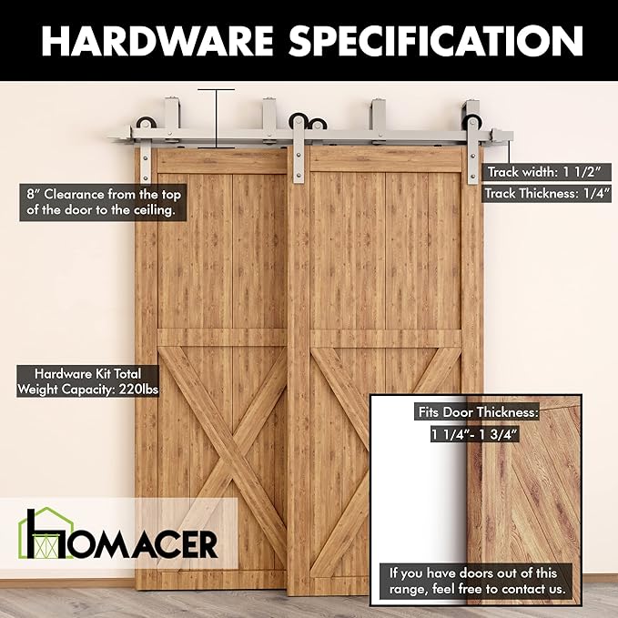 Homacer Brushed Nickel Double Track U-Shape Bypass Sliding Barn Door Hardware Kit, for Two/Double Doors, 7.5ft Long Flat Track, Straight Design Roller