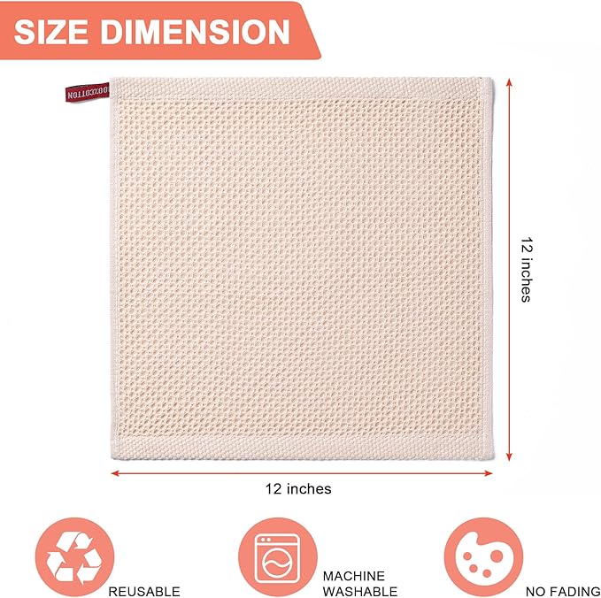 BOOMIBOO 8-Pack Kitchen Dish Cloths, 100% Cotton Waffle Weave, Ultra Soft Absorbent, Quick Drying Dish Towels, 12x12 Inches, Beige