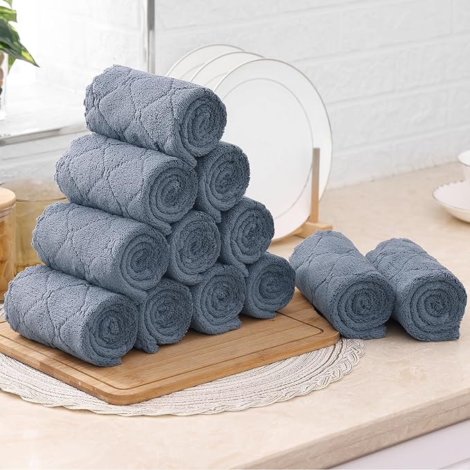 Mordimy 24 Pack Kitchen Towels (20" x 10",Dark Grey & White), Super Soft and Absorbent Dish Towels, Coral Velvet Microfiber Cleaning Cloth, Nonstick Oil Fast Dry Dish Cloths