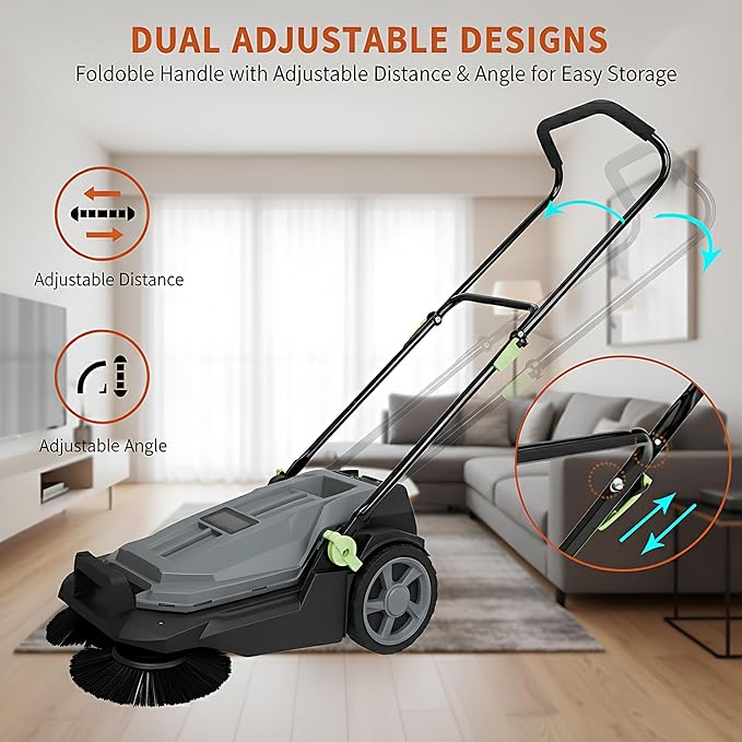 Walk-Behind Hand Push Floor Sweeper, 25.6" Sweeping Width Manual Non-Electric Sweeper with 5-Gallon Waste Container, Angle & Height Adjustable Folding Handle for Walkway, Yard, Garage, Patio