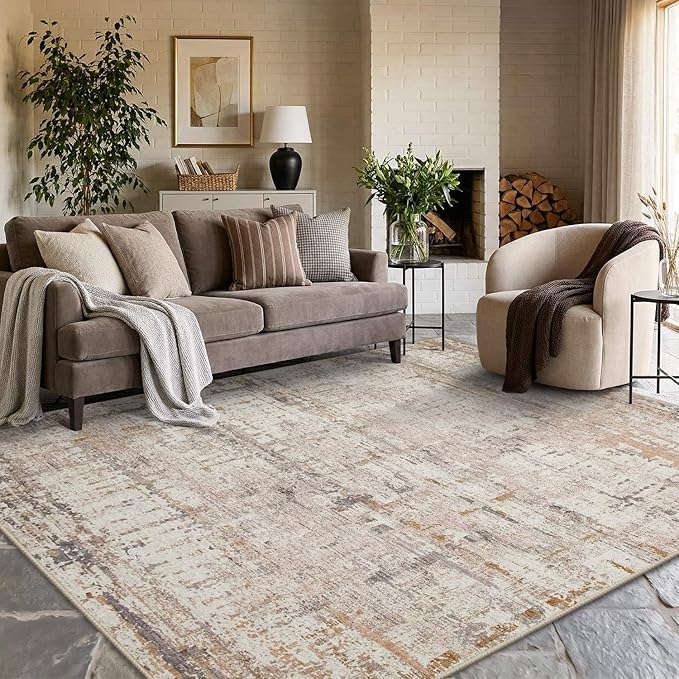 6x9 Washable Area Rug for Living Room, Modern Abstract Large Boho Rugs for Office, Dining Room, Kids Room, Farmhouse, Durable Low Pile Non Slip Carpet for High Traffic Areas, Beige Grey