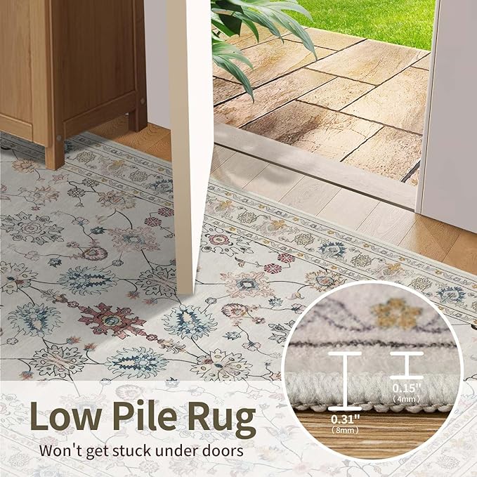 9x12 Rugs for Living Room & Bedroom,Floral Washable Rug,Boho Area Rug, Large Non Slip Low Pile Wool Carpet for Indoor Dining Room,Girls Room,Nursery Room and Kids Room(Grey 9x12ft)