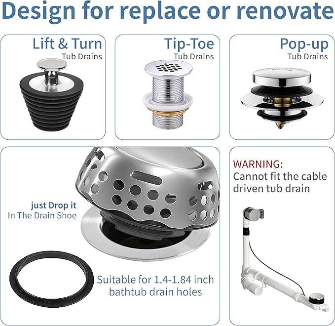 3 in 1 Bathtub Stopper,Bathtub Drain Hair Catcher,Replaces Lift and Turn,Tip-Toe and Trip Lever drains for Tub,Suitable for 1.4-1.84 inch Bath Drain Hole