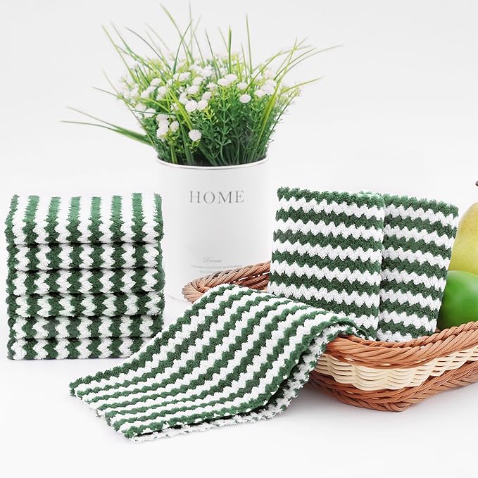 Homaxy 12 Pack Kitchen Dish Cloths, Ultra Soft and Absorbent Dish Towels, Reusable Fast Drying Microfiber Cleaning Cloth, Coral Velvet Wave Design No-lint, 10 x 10 inches, Grass Green
