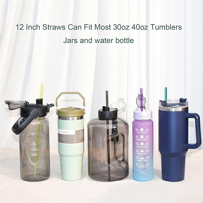 DAKOUFISH 12 Inch Reusable Replacement Plastic Straws for 30 oz & 40 oz Mason Jar Tumblers,Set of 12 Pcs Straws with Cleaning Brush (12inch, 7color)