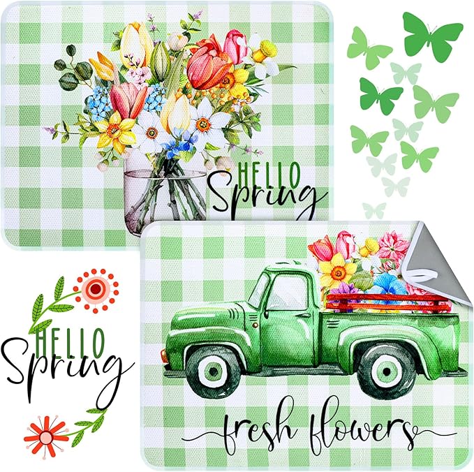 2 Pcs Dish Drying Mat for Kitchen, Spring Floral Absorbent Microfiber Dish Mat Counter 18 x 24 Inch Truck Flower Leaves Draining Green Drying Reusable Washable Pad