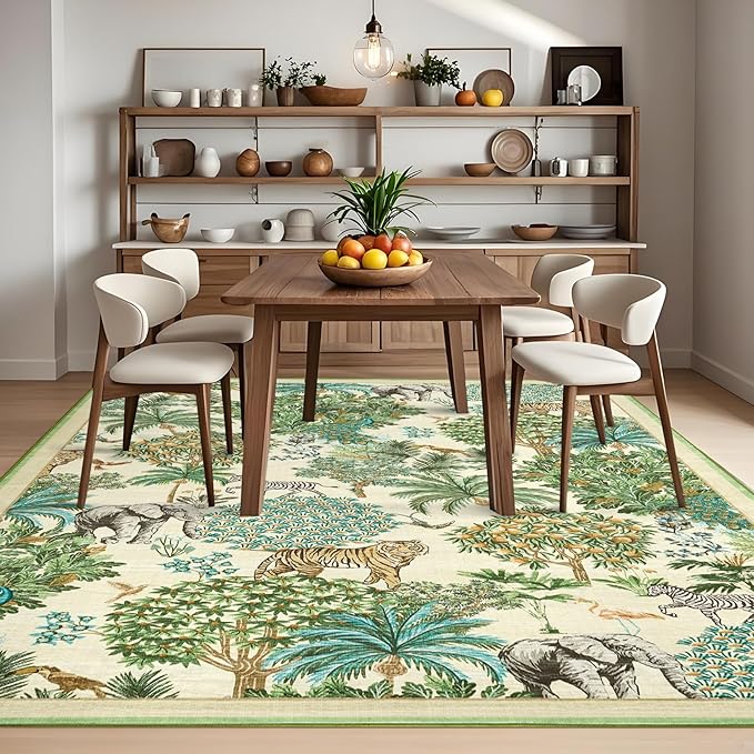 GarveeHome Jungle Rug 10x13 Washable Area Rugs for Living Room, Beige Animal Print Rug Non Slip Low Pile Forest Stain Resistance Large Throw Carpet for Kids Bedroom Nursery Playroom Dining Room