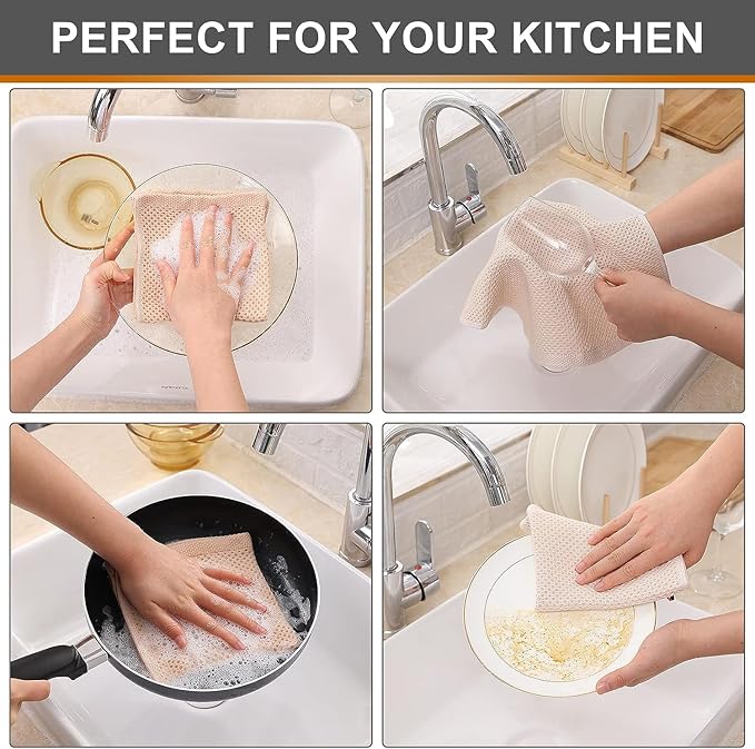 Kitinjoy 100% Cotton Kitchen Dish Cloths 8 Pack, Waffle Weave Ultra Soft Absorbent Dish Towels for Drying Dishes Quick Drying Kitchen Towels Dish Rags (12 X 12 Inches, Beige)