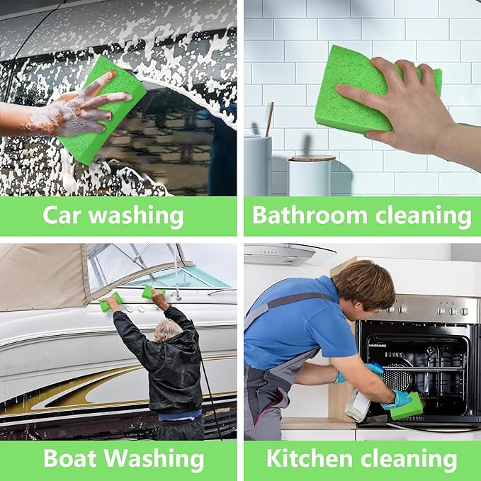 Cleaning and Washing Sponge, 3 Pack Large Extra Thick Heavy Duty Sponge Multi-Purpose for Kitchen Bathroom Bike Boat Car, Natural Cellulose Sponges 4" X 6" X 2" (Green)