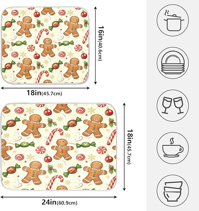Christmas Gingerbread Cookie Man Sugar Dish Drying Mat for Kitchen Counter Absorbent Microfiber Large Drying Pad Dish Mats for Kitchen Countertops 18 x 24 Inch